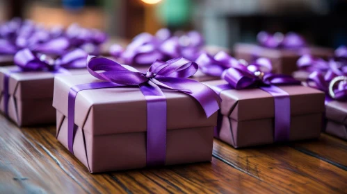 Purple Gift Boxes on Wooden Table - Stock Photo