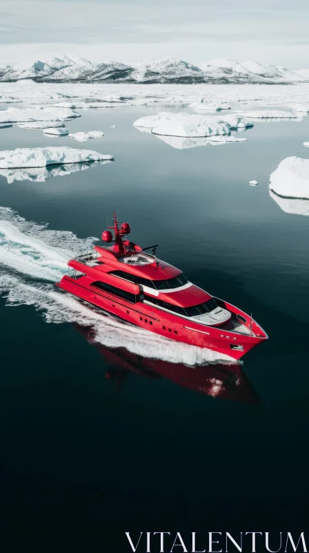 Red Luxury Yacht Sailing Through Icebergs in Deep Blue Sea AI Image