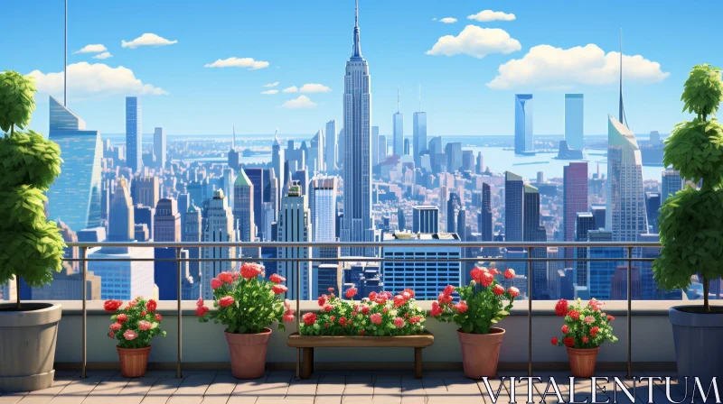 Rooftop View of New York City with Potted Plants AI Image