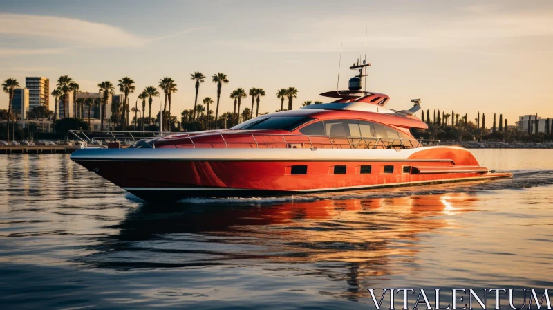 Sleek Red and White Yacht in Marina at Sunset AI Image