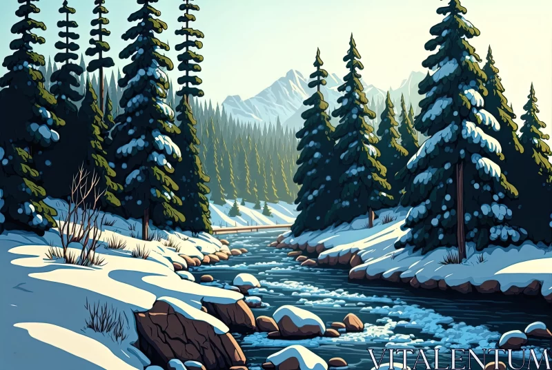 Snow-Covered Forest River: A Serene Winter Scene AI Image