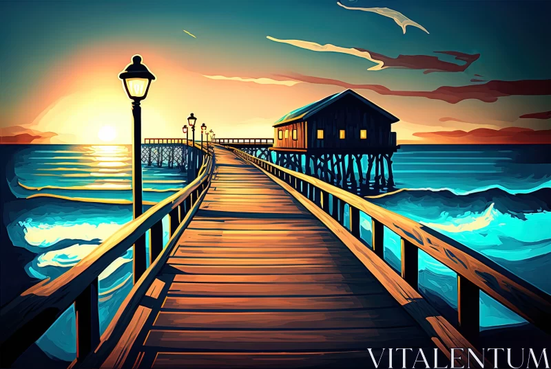 Stunning Sunset Painting: Pier and Ocean in Vibrant Cartoon Style AI Image
