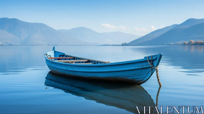 AI ART Tranquil Blue Wooden Boat on Calm Lake