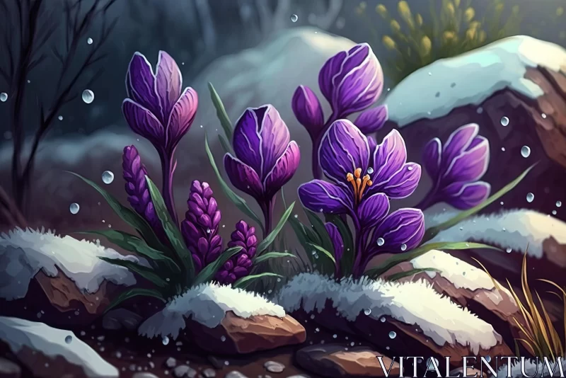 AI ART Vibrant Nature Scene with Purple Flowers and Snow-Covered Rocks
