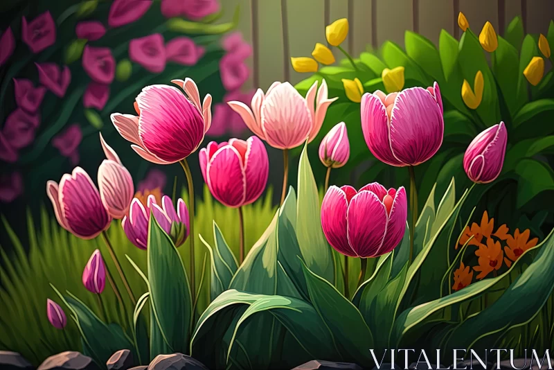 Vibrant Pink Tulips in a Garden - 2D Game Art Illustration AI Image