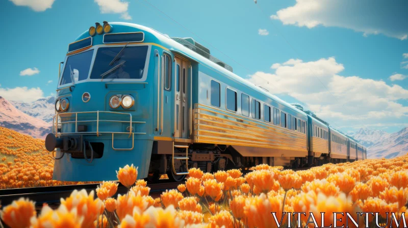 Vintage Blue Train Travelling Through Tulip Field AI Image