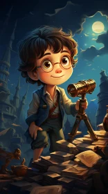 Young Boy Cartoon Illustration with Telescope and Castle