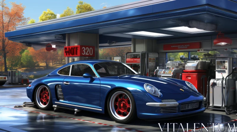 Blue Porsche 911 Carrera GT at Gas Station AI Image