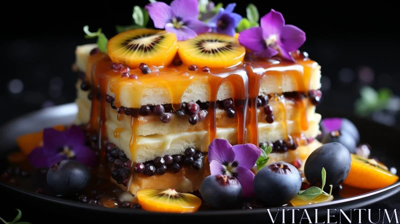 Delicious Cake with Kiwi, Blueberries, and Flowers AI Image