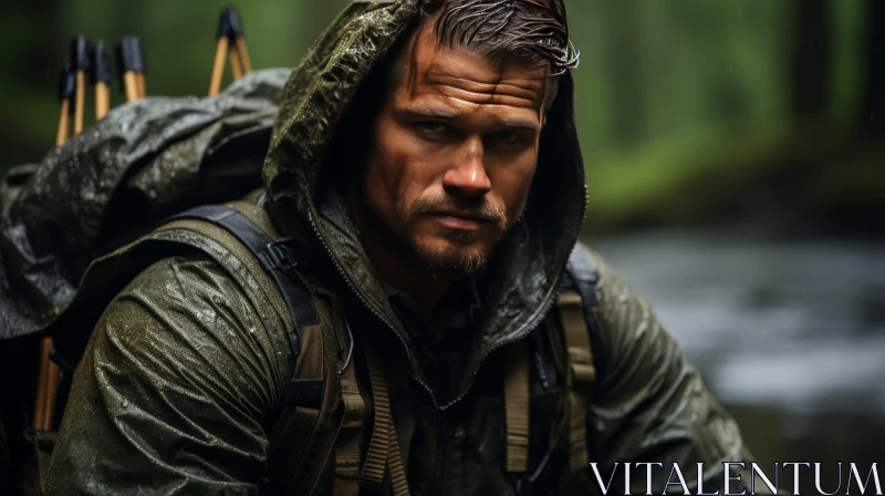 Determined Man Hiking in Rain with Green Raincoat AI Image