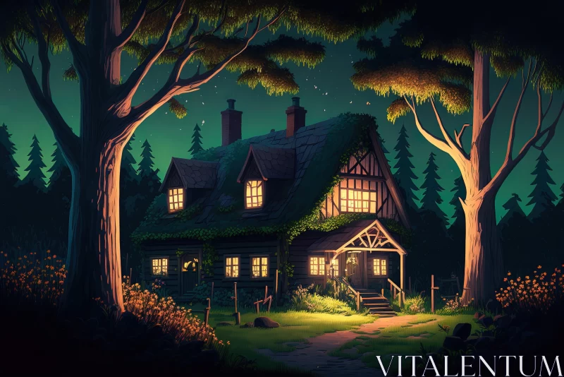 Enchanting Cartoon Illustration of a House in a Mystical Forest at Night AI Image