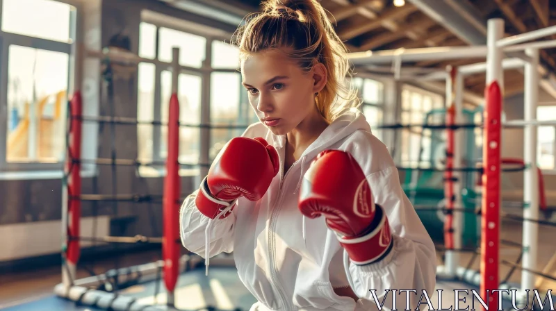 Female Boxer Training in Boxing Ring AI Image