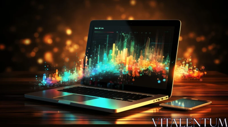AI ART Glowing Laptop Screen with Colorful Data Visualization
