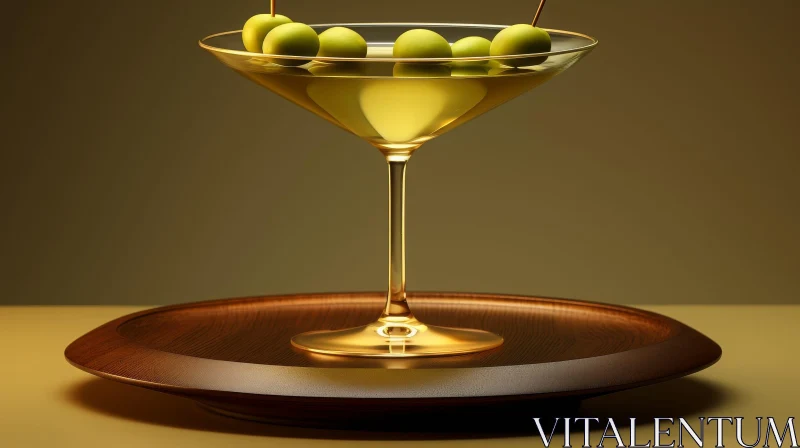 Golden Olive Martini Glass on Wooden Tray AI Image