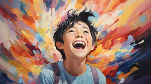 Joyful Young Boy Portrait in Colorful Abstract Setting