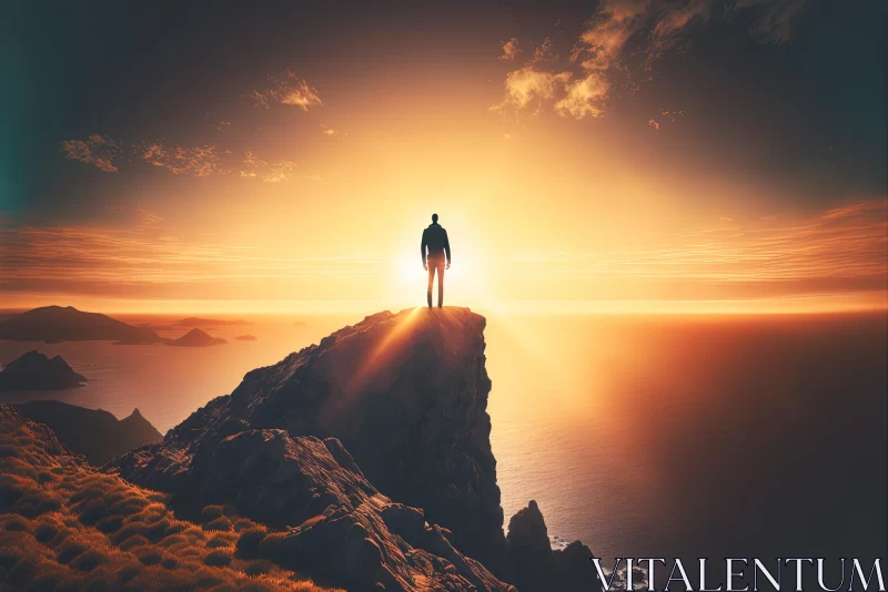 Man on Cliff at Sunset - Surreal and Romantic Landscape AI Image