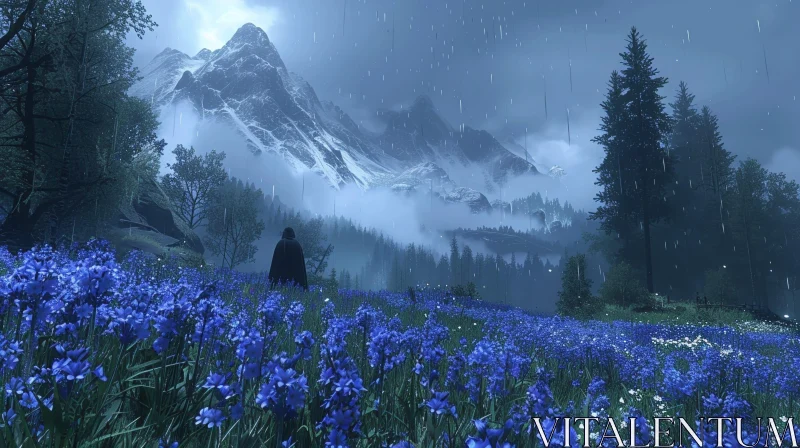 Mountain Valley Landscape with Snow and Bluebells AI Image