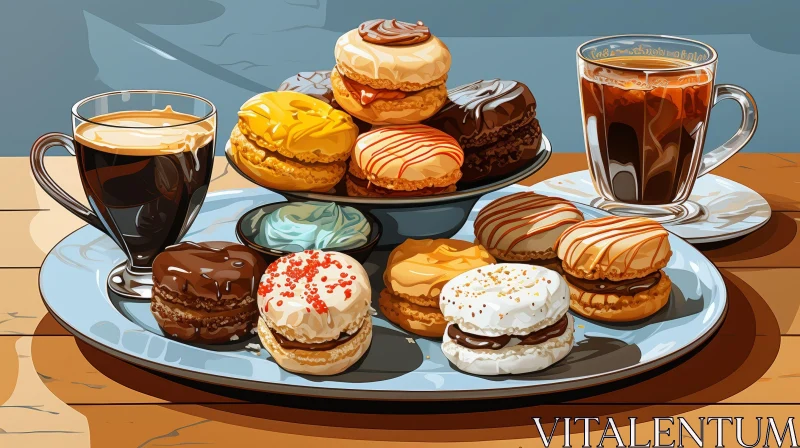 AI ART Multicolored Macarons and Coffee on Wooden Table