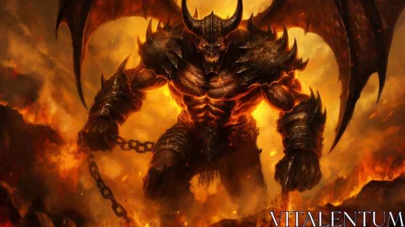 Muscular Demonic Creature in Fiery Landscape AI Image