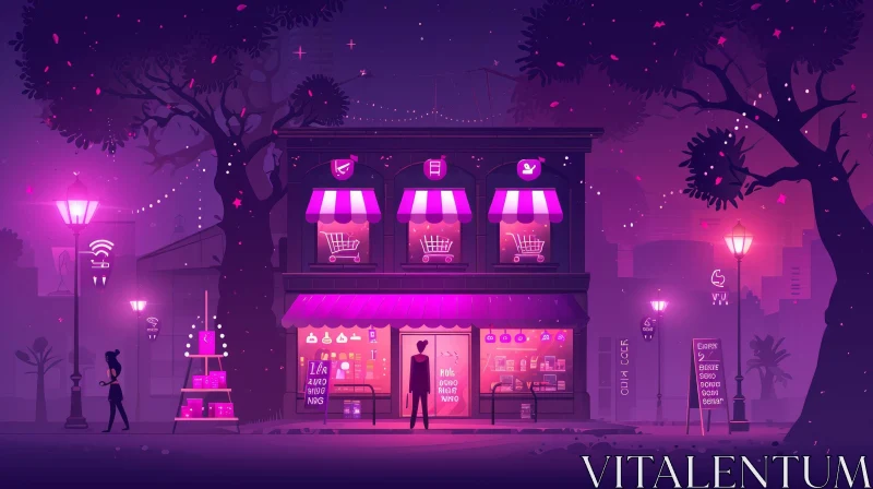 Night Scene | Digital Illustration of a Charming Shop AI Image