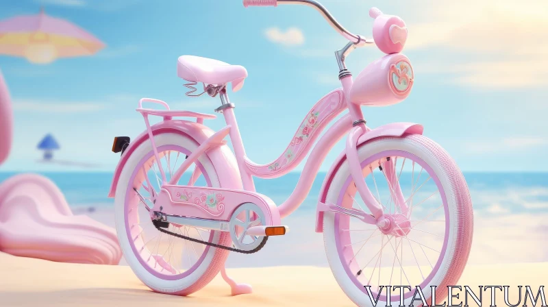 AI ART Pink Child's Bicycle on Beach