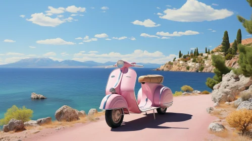 Pink Vintage Scooter on Coastal Road - Nostalgic Scene