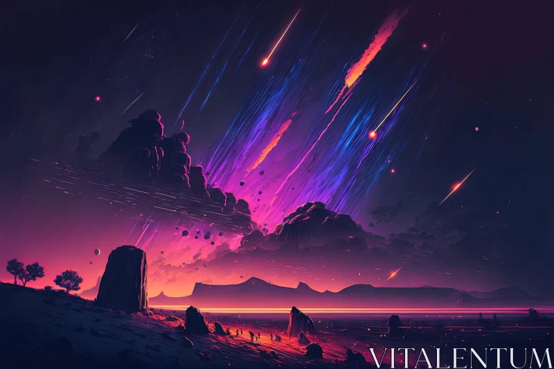 Purple Sky and Stars with Mountain - Captivating Neo-Pop Illustration AI Image