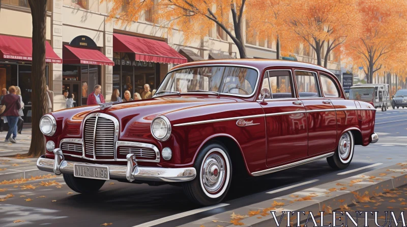 Red Vintage Car on City Street - Classic Model with Nostalgic Charm AI Image