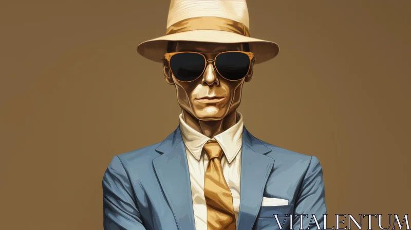 Serious Man in Blue Suit with Brown Hat AI Image