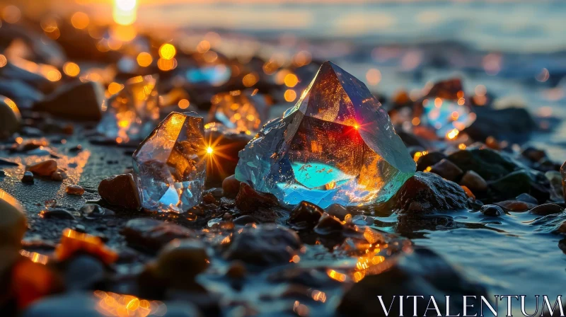 Stunning Sunset Beach Close-Up with Sparkling Gemstones AI Image