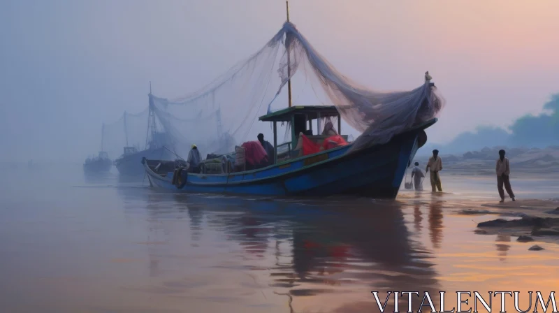 Tranquil Fishing Boat Painting on River at Sunset AI Image