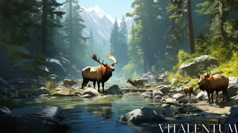 Tranquil Forest Landscape with River and Elk AI Image