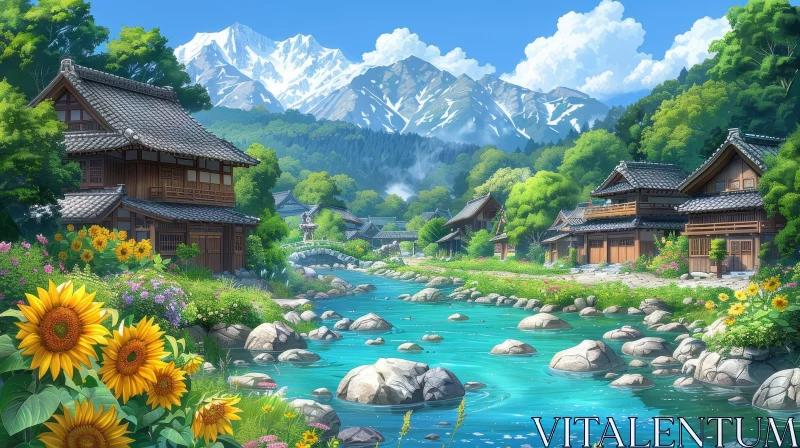 Tranquil Japanese Village Landscape in Mountain Valley AI Image