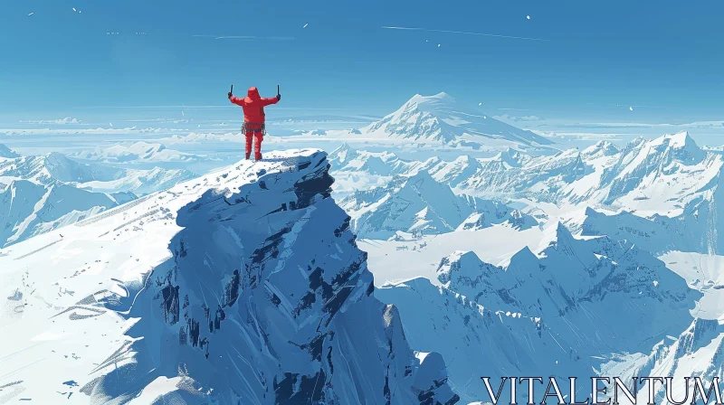 Triumphant Mountain Climber on Snow-Capped Summit AI Image