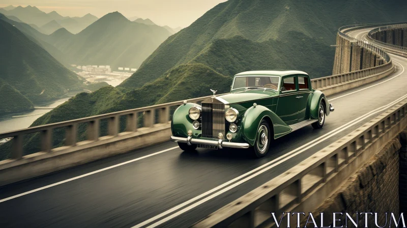 Vintage Green Car on Mountain Road AI Image
