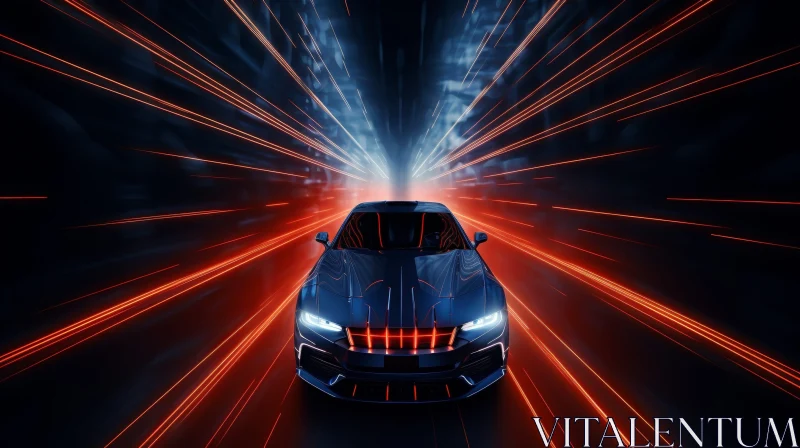 Blue Sports Car Speeding in City Night Scene AI Image