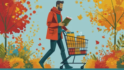 Captivating Autumn Scene: Man Pushing Shopping Cart in Park