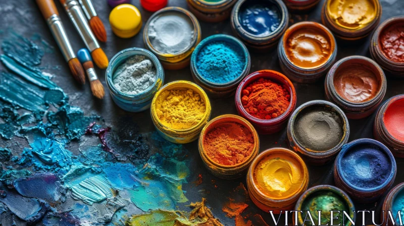 Captivating Paint Jars and Paintbrushes on Dark Background AI Image