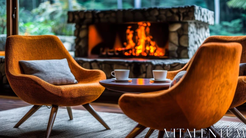 AI ART Cozy Interior with Orange Armchairs and Fireplace