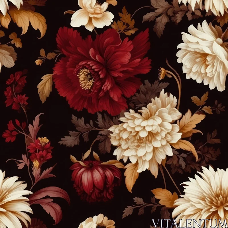 Dark Floral Pattern with Red and Yellow Flowers AI Image