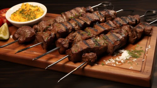 Delicious Grilled Meat Skewers with Fresh Herbs on Wooden Cutting Board