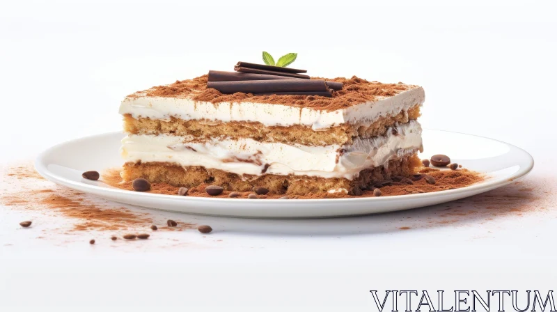 Delicious Tiramisu Cake Slice on White Plate AI Image