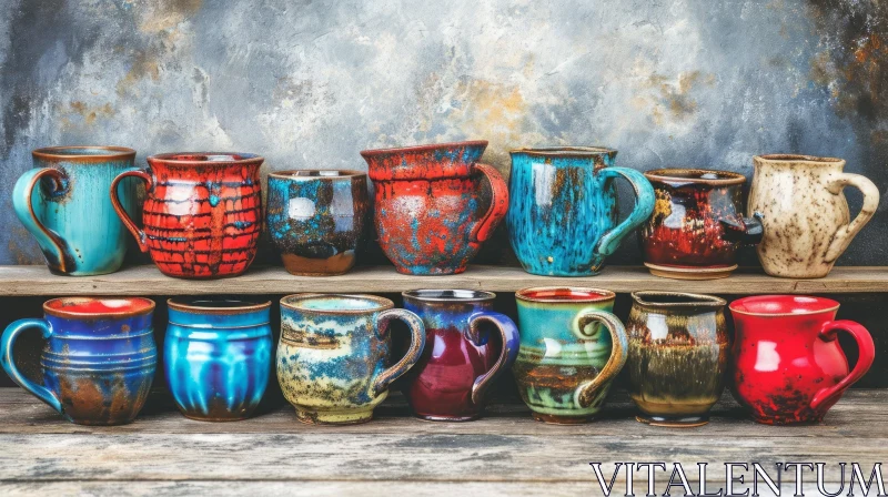 Handmade Ceramic Mugs on Wooden Shelf | Rustic Charm AI Image