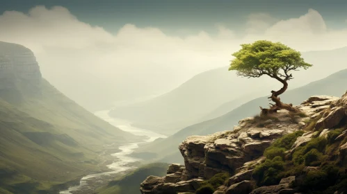 Lonely Tree Landscape on Cliff - Serene Nature Scene
