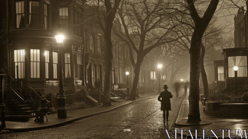 Nostalgic Gaslit Street at Night | Sepia Tone Cityscape AI Image