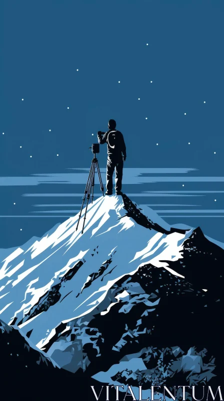 Photographer on Mountaintop Illustration - Starry Sky Capture AI Image