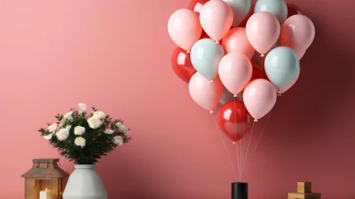 Pink Background with White Flowers and Balloons