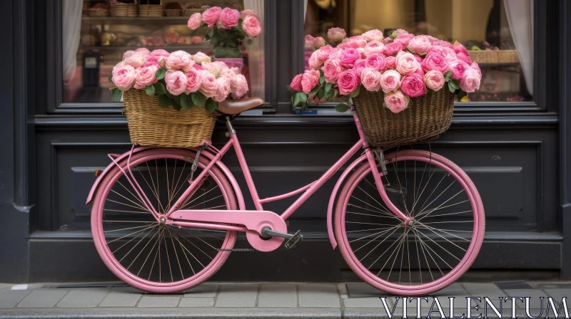 AI ART Pink Bicycle with Pink Roses by Glass Door