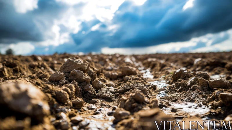 Ploughed Field with Cracked Soil and Cloudy Sky AI Image