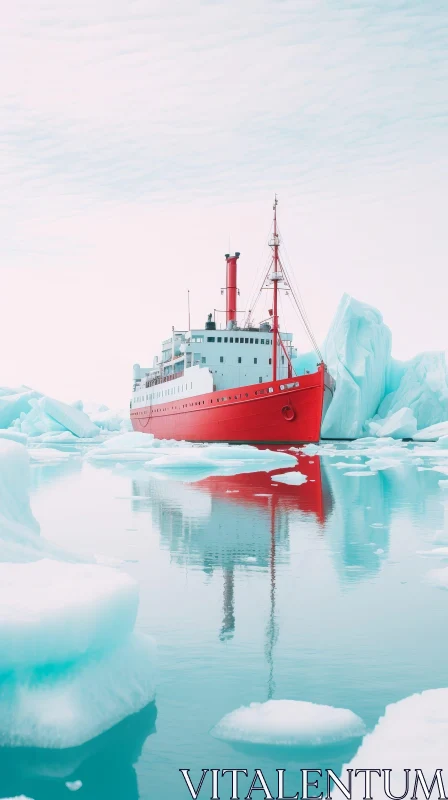 Red Ship Sailing Through Icebergs in Blue Sea AI Image
